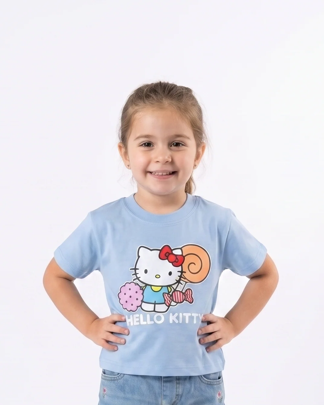 Girls Printed Kitty Half Sleeves T-shirt