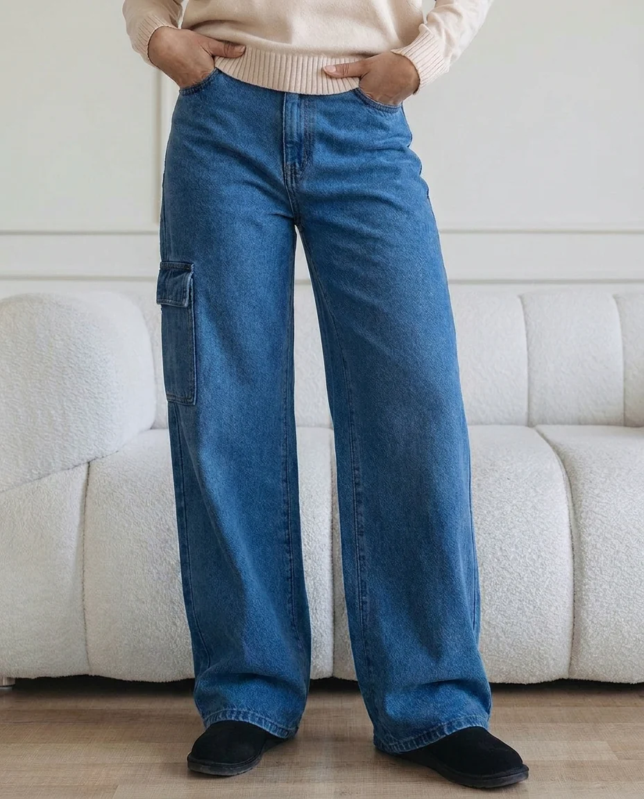 Women Wide leg Denim pants with pocket - Image 3